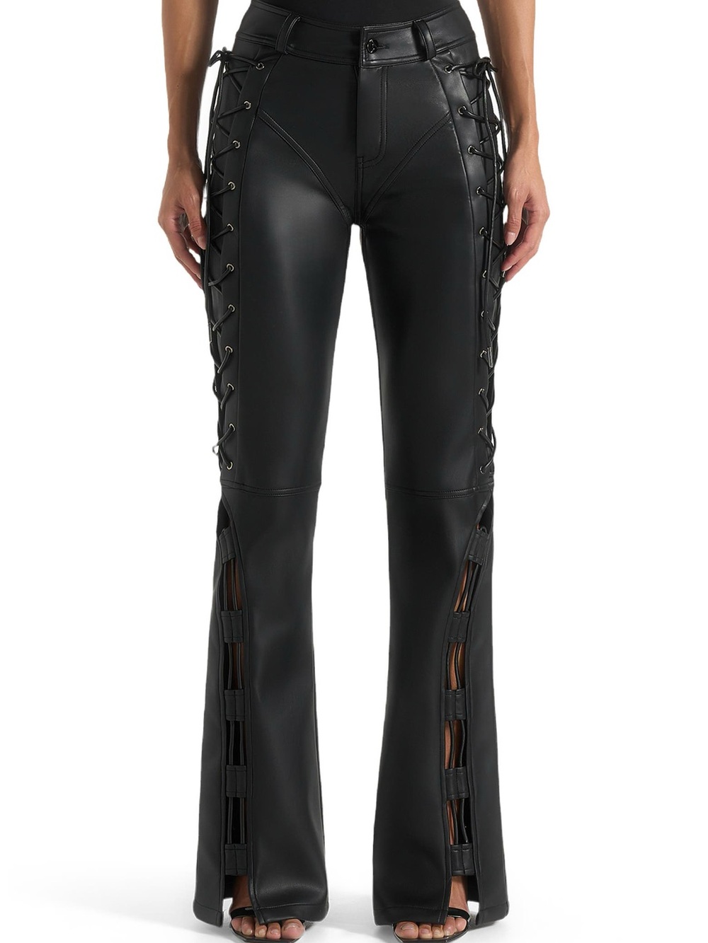 Manière De Voir Ambre Vegan Leather Lace-Up Flared Trousers | Black | Size 2 - Picture 2 of 15